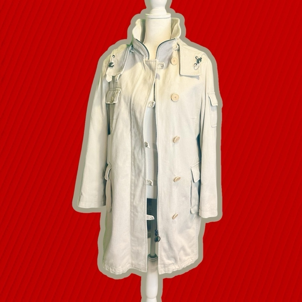 Akris Punto RARE Beige Heavyweight Cotton Twill Trench Style Hooded Parka Sz 12